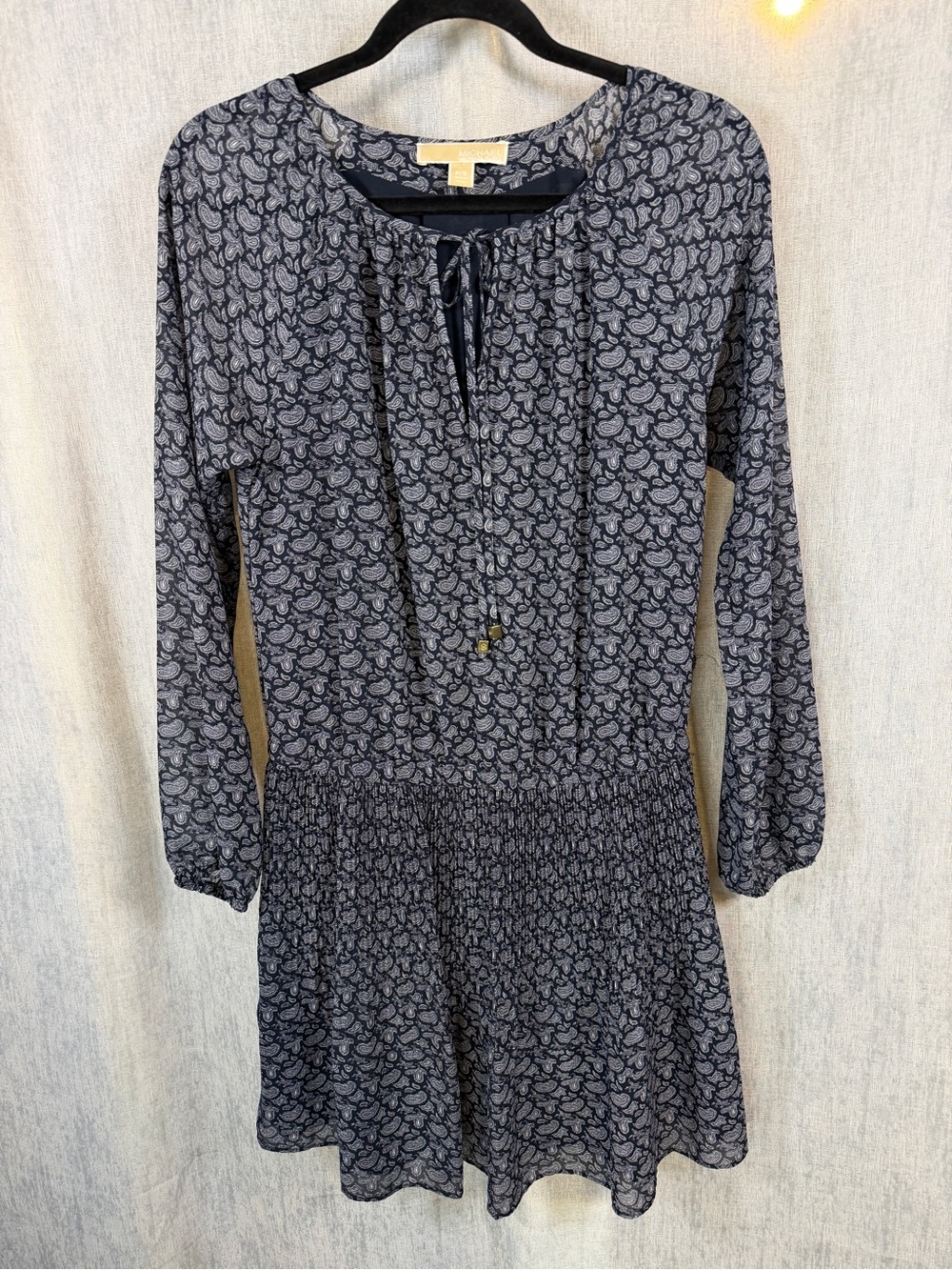 Michael Kors Navy Paisley Print Long-Sleeve Pleated Skirt Mini Dress S